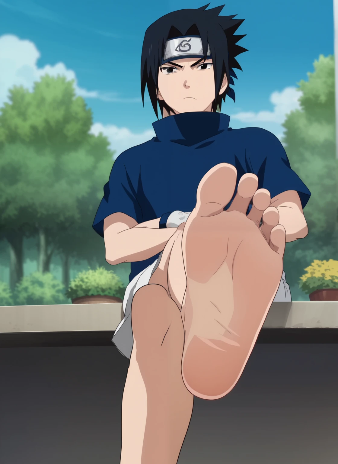 score_9, score_8_up, source_anime,
1boy, Sasuke Uchiha, black hair, short spiky hair, dark eyes, navy blue high-collar shirt, short sleeves, white shorts, alone, looking at viewer, serious expression, standing, cowboy shot, ANIME SCREENCAP, anime coloring, in a garden, barefoot, perfect feet, anatomically correct, soles, low angle, focal length 35mm, each foot has five toes, front, symmetrical soles, foot focus, sitting, crossed legs