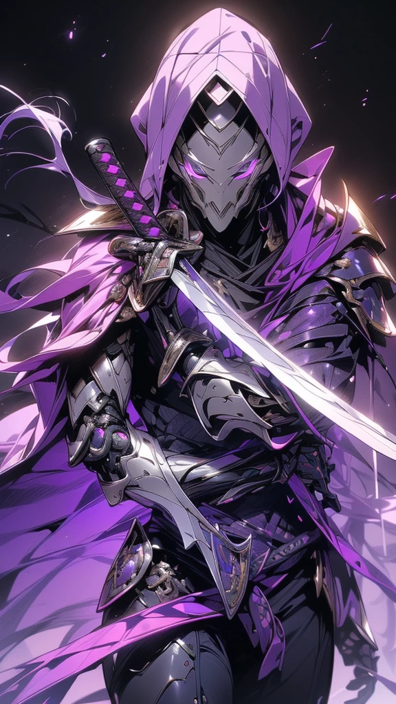  surrenders, hyper realistic,  super detailed, ( cyber samurai with purple sword ,  1 boy , ((Alone)), (Has a purple sword ) , (alert posture) ,  wears fuchsia armor and a mask, Cape, Shineing beautiful purple eyes, Shine:1.3) (Shineing simple black background:1.25),