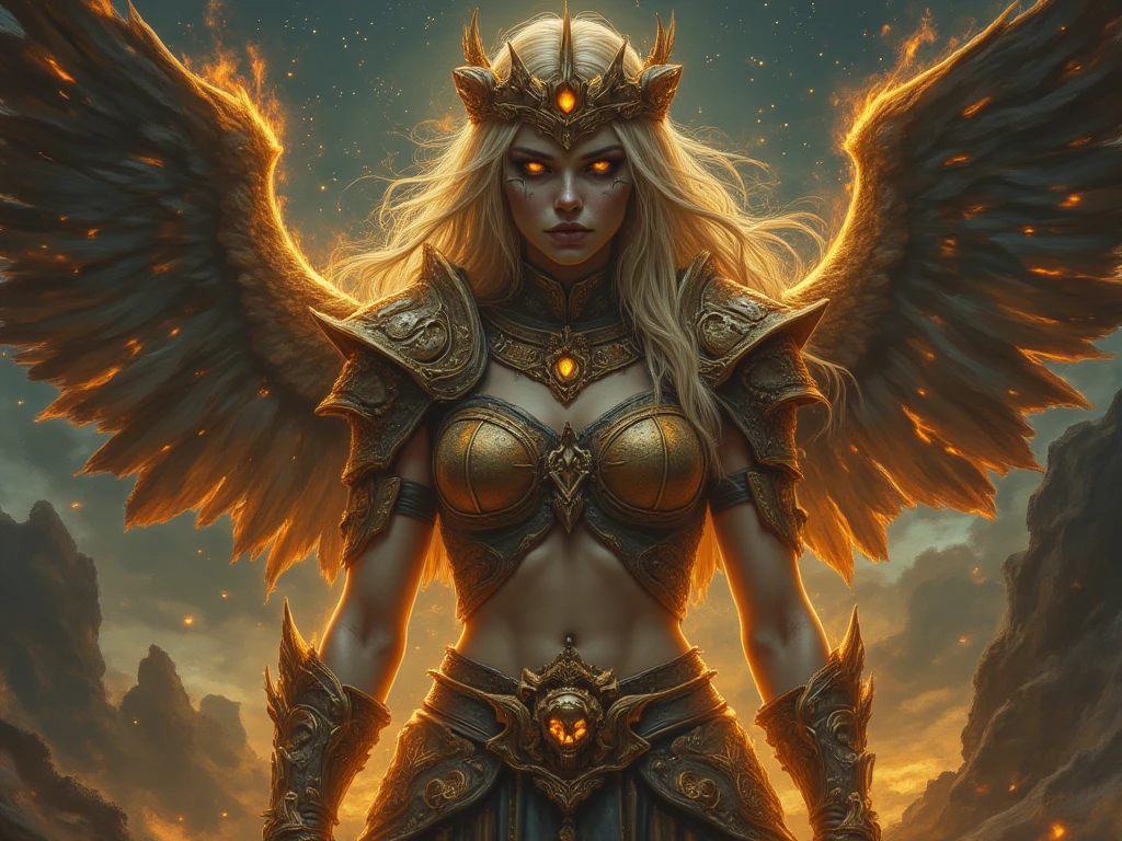 "Create a detailed illustration of a naked female warrior with a ghostly appearance and piercing yellow eyes.  Her face is painted like a skull ,  and wears ornamented armor with intricate details .  She has wings of fire extended and her hair is long and blond , adorned with a crown of skulls .  The background must be a starry sky with a mix of warm and cold tones ,  creating a mystical and dark environment .  The woman must convey a sense of power and mystery ,  with an imposing and decisive posture ."