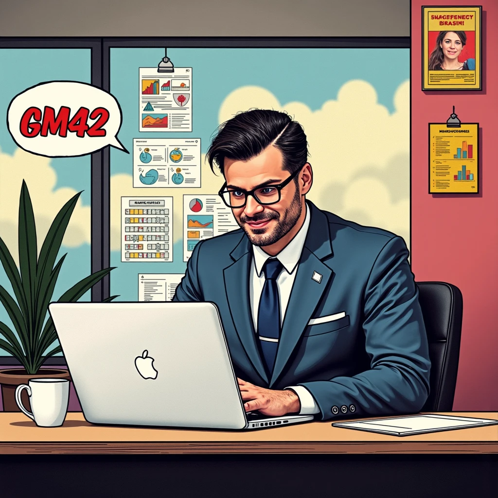 A comic-style pop-art illustration of a professional GM42 manager sitting at a desk in a modern office, focused on a MacBook Pro. The GM42 man has a Clean shaven, no beard or cheekbones, wears a sharp blue suit with a tie, and glasses, exuding confidence and competence. The workspace is vibrant and organized, with colorful charts, job postings, and documents pinned to a glass wall behind him. A potted plant adds a touch of greenery, and a coffee cup sits on the desk next to the laptop. The lighting is bright and cheerful, emphasizing productivity and creativity in a visually appealing pop-art style.