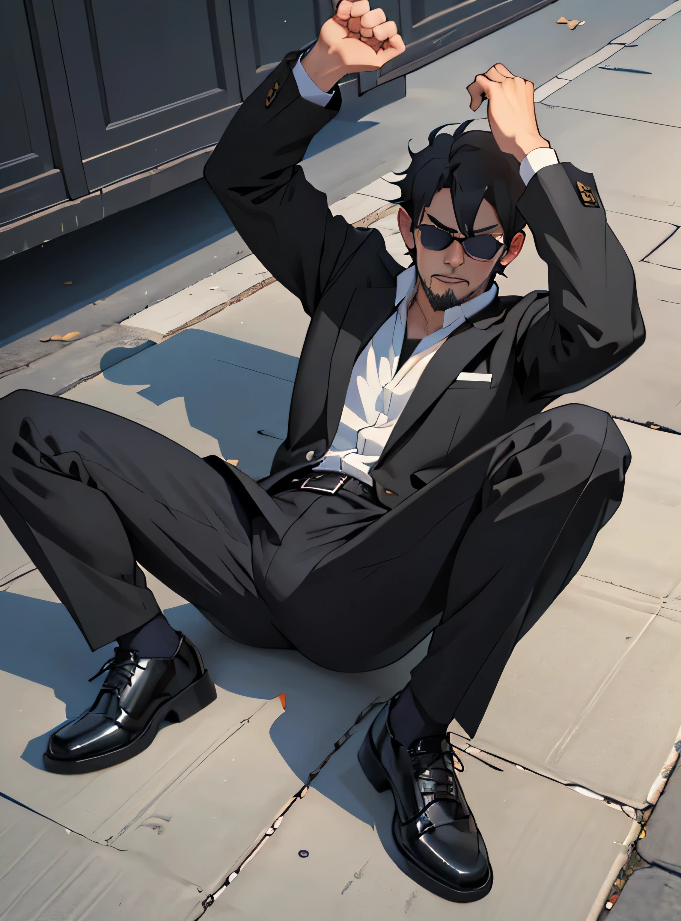 Age 30,father, Simple Black Single Suit ,  lying on the ground  ,Spread your legs wider,black belt,Black socks,Black leather shoes,logic, Gay , black hair, Shorthair, thick eyebrows,Stubble, Lightly Set Your Hair with Wax , Hachiman Hachiman,Masculine,salaryman,Mob characters,Bad Actor , The crotch part of the pants is bulging, Erotic 3D Finish , Open your mouth wide and scream, black sunglasses that don't depict me、Gunfight