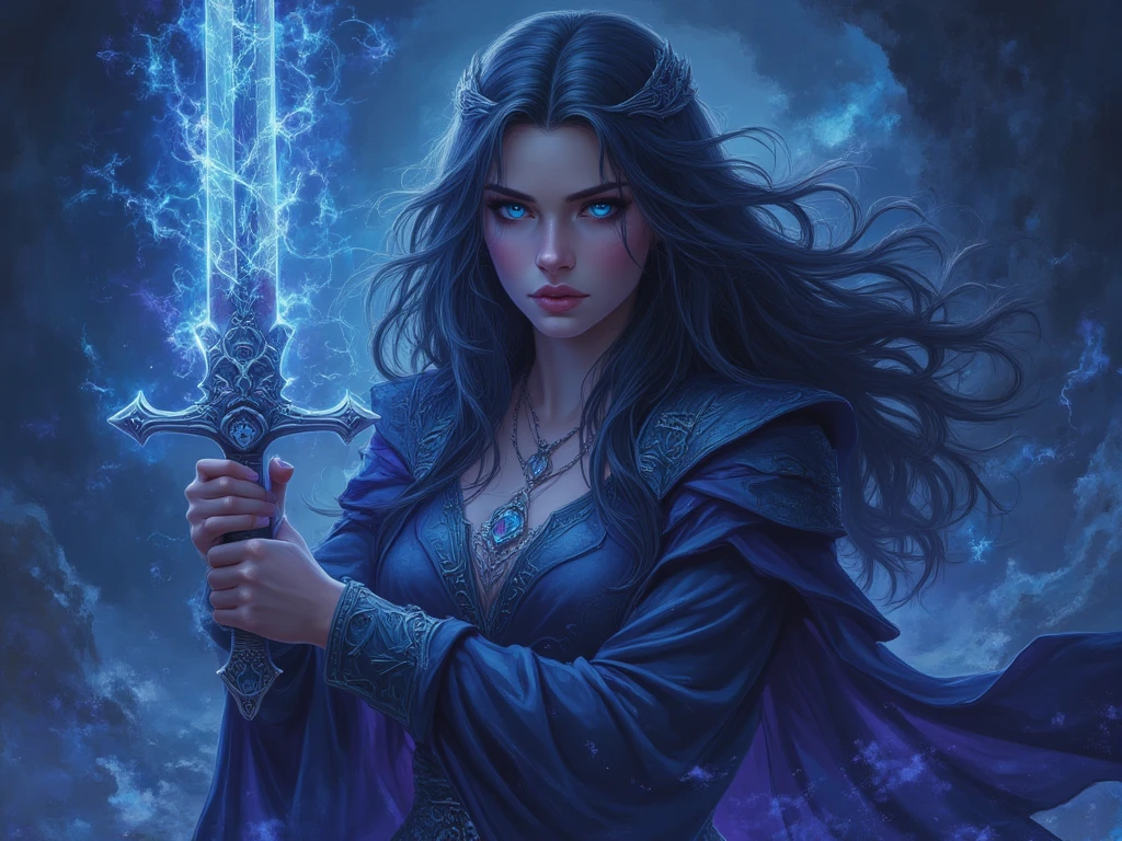 " Create a detailed illustration of a mystical woman with long and dark ...