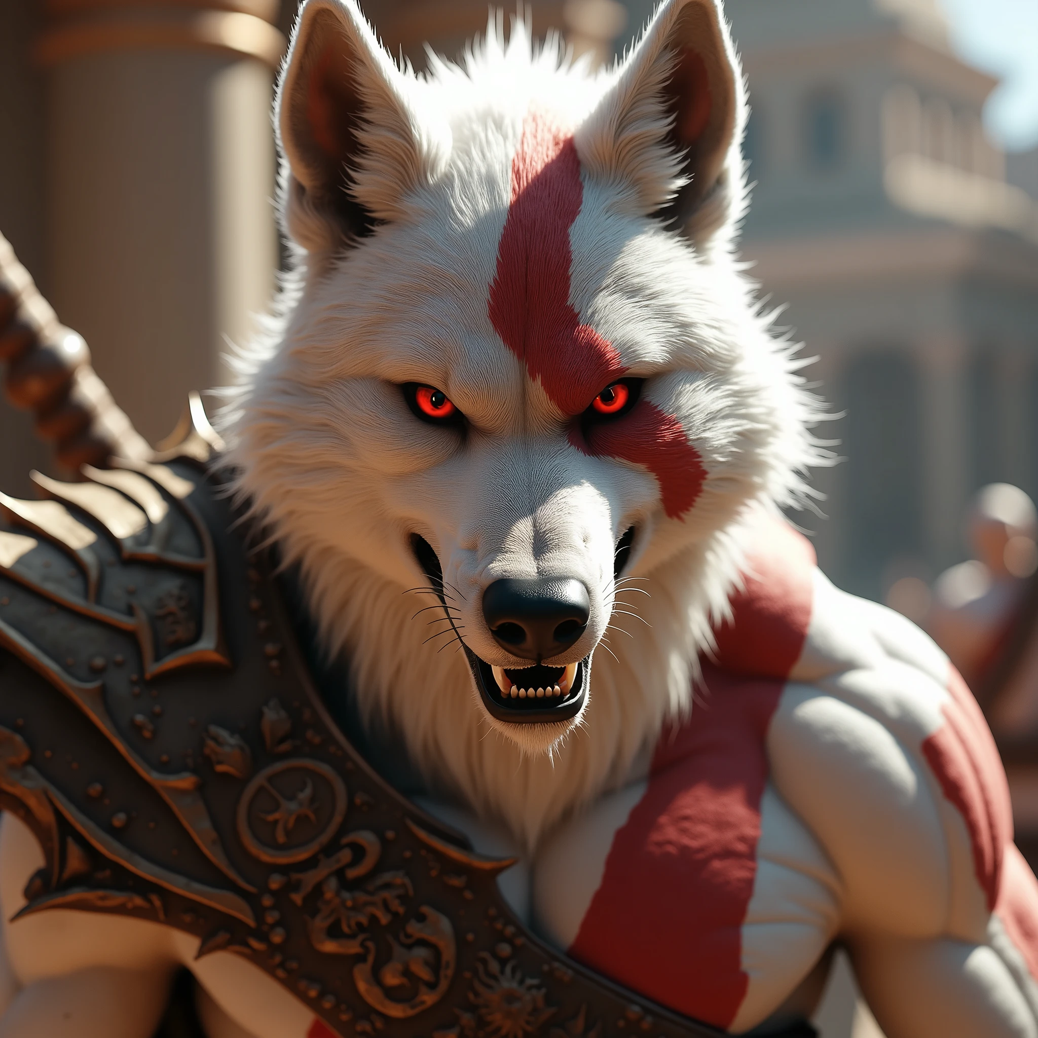 Death wolf, male muscular anthro, with intense red eyes and white fur. His expression is angry and fierce, staring directly at the viewer with a look of determination. He bears a distinctive red scar over one eye, which partially covers it, adding to his battle-hardened appearance. Equipped with the Blades of Chaos, he exudes a powerful, warrior-like aura. Styled in the cinematic tone of God of War (2007), featuring dynamic cinematic lighting, with soft light and rich color detail. Backlighting enhances the intensity of the scene, creating a dramatic atmosphere. The depth of field and long exposure highlight intricate, vibrant colors, showcasing his full body in a heroic stance. The setting is an outdoor, ancient Greek-inspired backdrop, filled with grandeur and a sense of epic history."