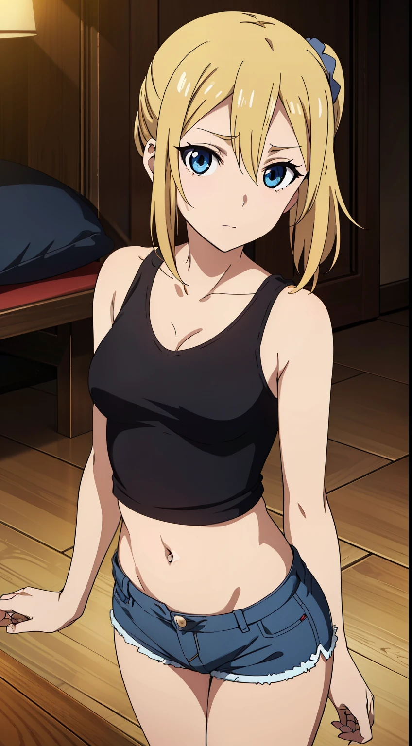 hayasaka, blonde hair, blue eyes, hair Scrunchie, side ponytail, Scrunchie, 1 girl, hair ornaments, alone, hair between eyes, (small medium breasts:1.2), (sexy tank tops, belly button, blue denim mini shorts, indoors),
beautiful Finger, beautiful body, beautiful character design, perfect eyes, perfect face, expressive eyes, looking at the viewer, Show up to your knees, sexy pose, in the center of the image, official art, High Definition CG Unity, Perfect lit, bright_front_face_lit, (table top:1.0),(Highest_quality:1.0), (anime coloring), 4k, Super detailed, photograph, 8k, nffsw, High resolution, (absurd:1.2), kodak portrait 400, film grain, Lens flare, (lively_color:1.2),  (beautiful_ breasts:1.4), (beautiful_face:1.3), (narrow_waist), (cowboy shot:1.2), 
