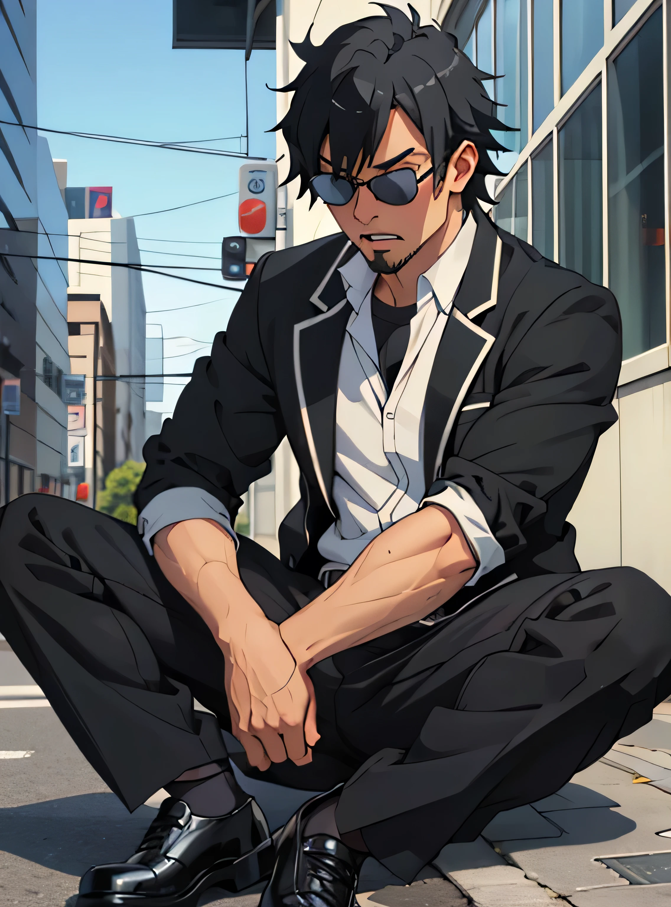 Age 30,father, Simple Black Single Suit ,  lying on the ground  ,Spread your legs wider,black belt,Black socks,Black leather shoes,logic, Gay , black hair, Shorthair, thick eyebrows,Stubble, Lightly Set Your Hair with Wax , Hachiman Hachiman,Masculine,salaryman,Mob characters,Bad Actor , The crotch part of the pants is bulging, Erotic 3D Finish , Open your mouth wide and scream, black sunglasses that don't depict me、Gunfight