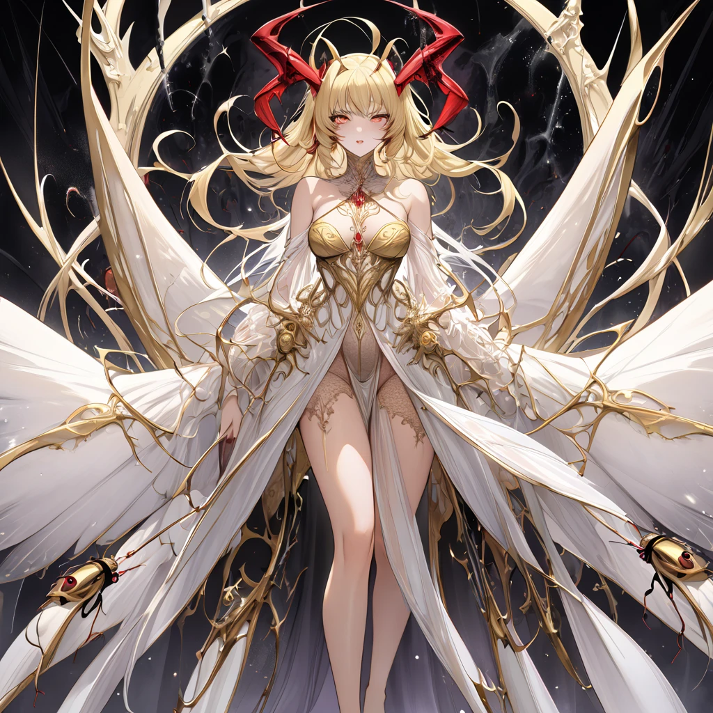 Black bikini, white crown, bare belly, big breasts, white hair, red eyes, justice, Blindfold