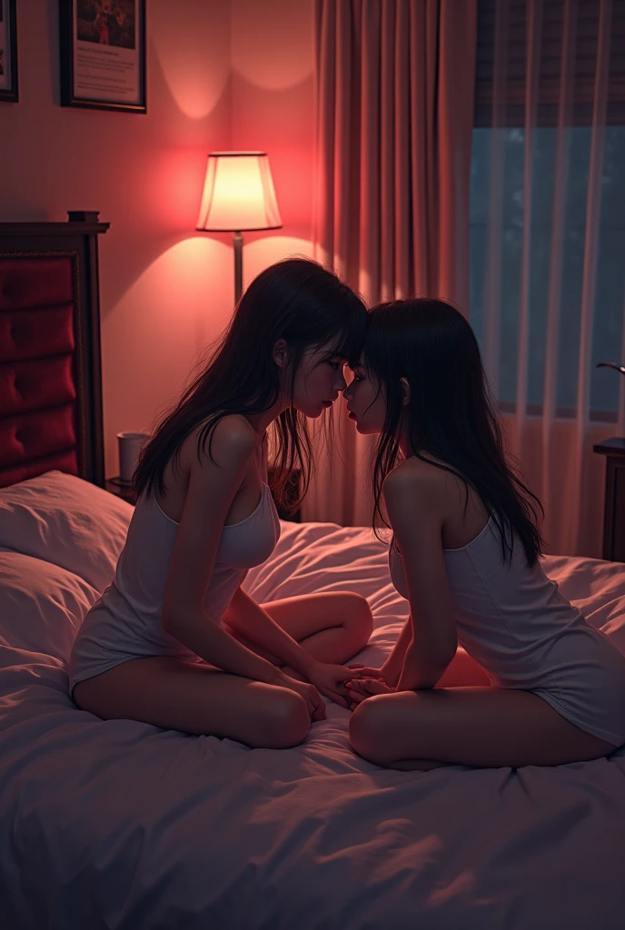Lingerie, light bue, front view, sitting, sunset, kissing, moon, red light