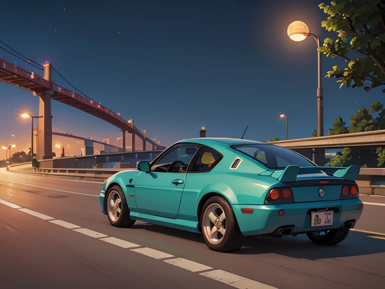  Octane Rendering  、(  super detailed: 1.2)、(Soft light、sharp: 1.2)、 Rainbow Bridge at night，Wangan Midnight，High speed bay line ，Very small Japanese red modified sports car，Front spoiler，Rear wing，Over fender，Sports Muffler，Very short dress、 cute young girl ，Driving a car， Dynamic Driving Experience，Drive super fast on the expressway at night，Fast and Agile，Agile handling， sneakers，  anatomically accurate ，Laughter， dazzling light ，It will happen:1.2，Tamiya box art:1.2，Tamiya box art，Moonlit Night，