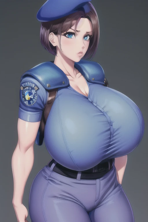  Jill Valentine, masterpiece,  best quality,  1 girl , Alone,  standing, , beret, uniform,  shoulder pad , Short sleeve, Harness, belt, pants,  immovable pattern ,  big boobs,  big butt , She's showing her side,  legs,  big butt , Neckline,  big boobs 