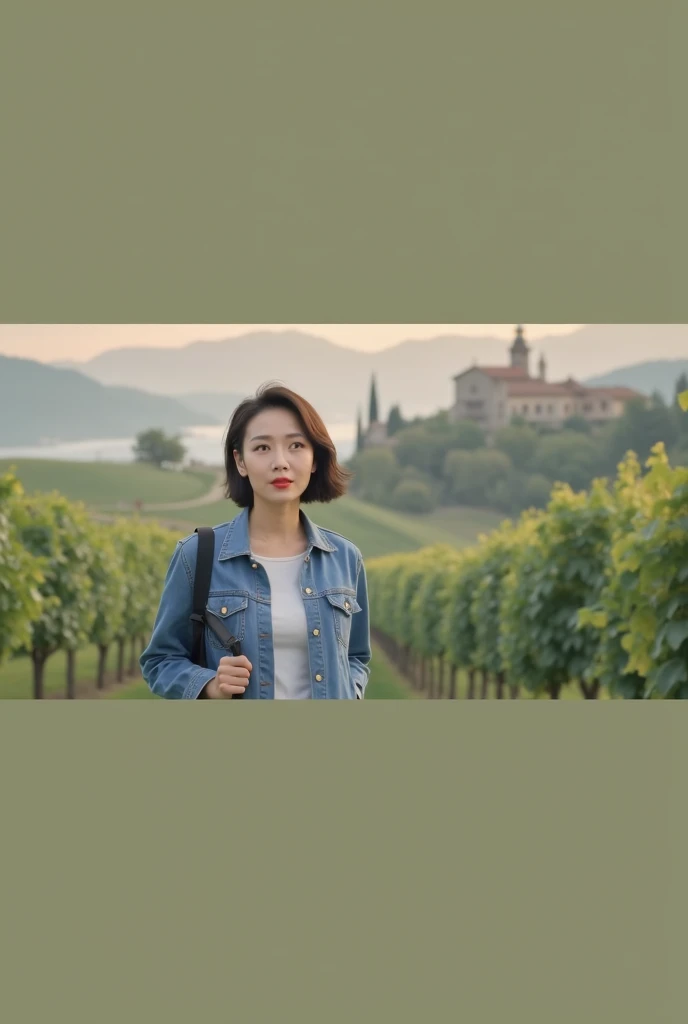 8k best picture quality, Beautiful 36-year-old Korean woman, Chest size 34 inches, northern italy countryside dawn, View of the cathedral next to the vineyards, The back background is realistic and vivid quality., Short hair, High-end luxury brand white shirt and cardigan, Wear casual pants, Smile slightly. the background is clear, It is spring, when grapes have not yet ripened. Standing on a hill on a curved path overlooking a vineyard covered in thick fog, Clear picture quality, Wear high-end luxury brand sunglasses, sunglasses with clear lines, Spring landscape without grapes, Well-groomed hair, Pretty and beautiful like a model, wearing a short cardigan. Well-groomed hair, Dress modestly