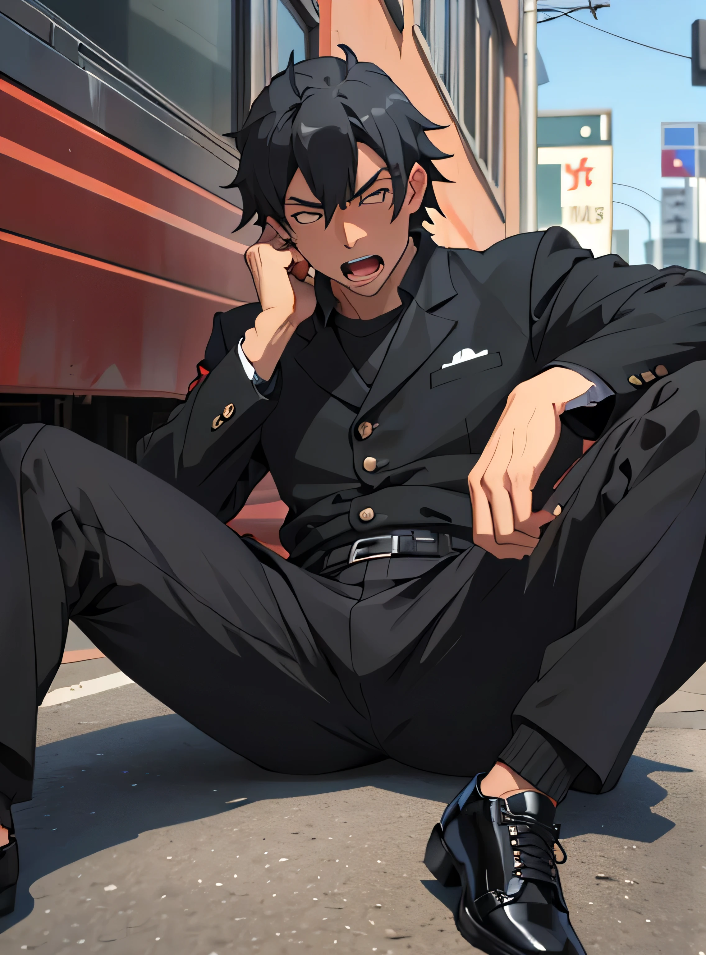 Age 30,father, Simple Black Single Suit ,  lying on the ground  ,Spread your legs wider,black belt,Black socks,Black leather shoes,logic, Gay , black hair, Shorthair, thick eyebrows,Stubble, Lightly Set Your Hair with Wax , Hachiman Hachiman,Masculine,salaryman,Mob characters,Bad Actor , The crotch part of the pants is bulging, Erotic 3D Finish , Open your mouth wide and scream,、Gunfight
