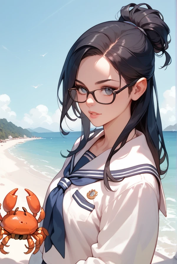 Black hair, long hair, glasses, sailor uniform, winter beach, girl confronting a giant crab