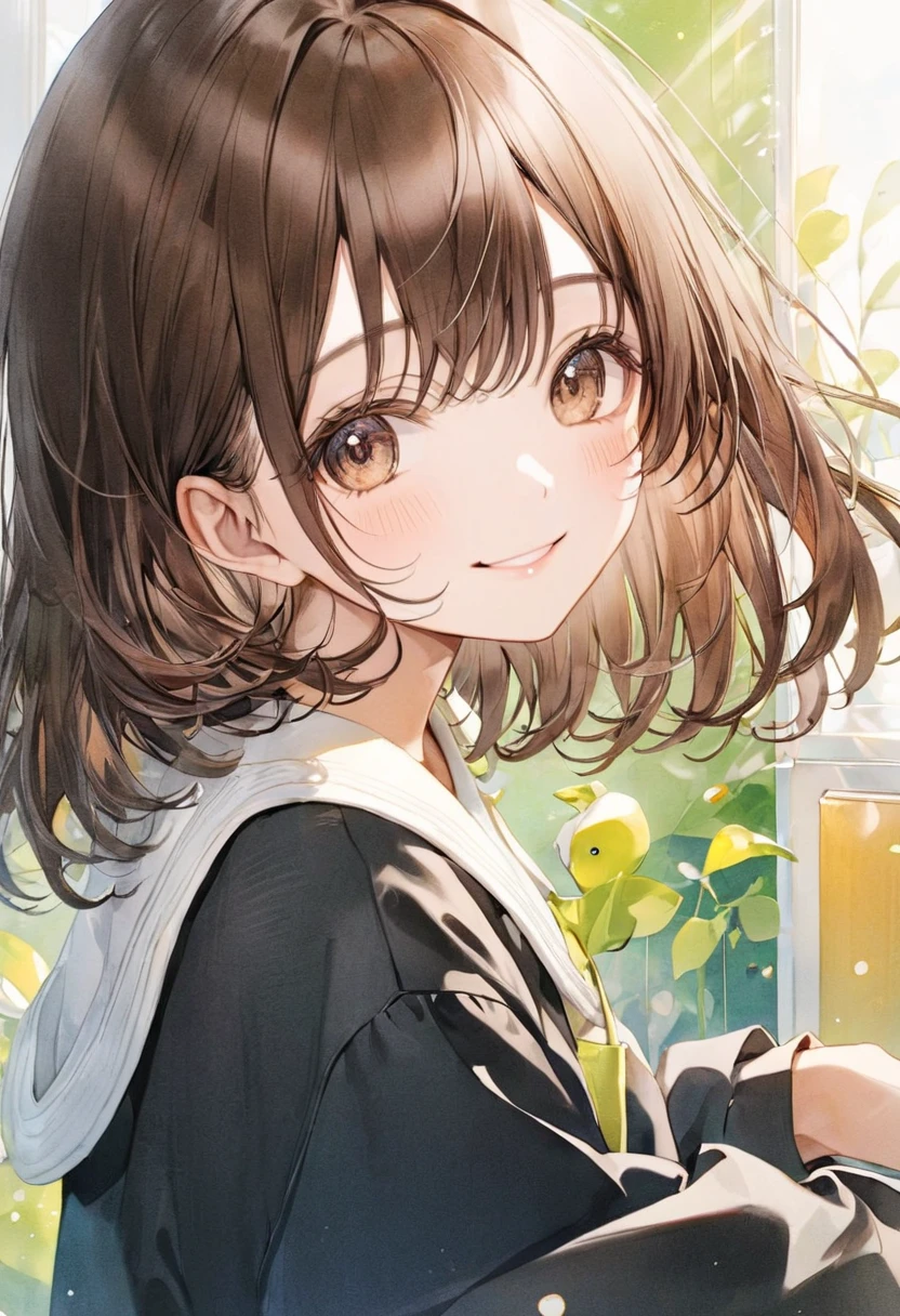 detailed、(Real、Photorealistic、Photorealistic:1.37)、oil、Portraiture、colorful、pastel colour、Soft lighting、garden、Serene atmosphere、Captivating smile、Pure and innocent、Golden Hour、Slightly blurred background、Bright colors、Happy expression、Brown Hair、Semi-long hair、Natural lighting、Floating Petals、Dreamy atmosphere、Breeze、Delicate features、Fluffy cat ears、Drinking tea、