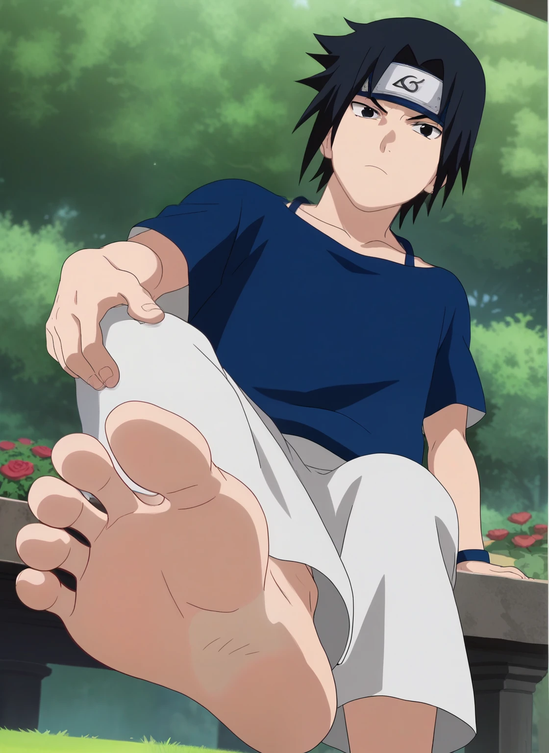 score_9, score_8_up, source_anime,
1boy, Sasuke Uchiha, black hair, short spiky hair, dark eyes, , alone, looking at viewer, serious expression, standing, cowboy shot, ANIME SCREENCAP, blue camisole, white skirt, anime coloring, in a garden, barefoot, perfect feet, anatomically correct, soles, low angle, focal length 35mm, each foot has five toes, front, symmetrical soles, foot focus, sitting on the grass,, crossed legs