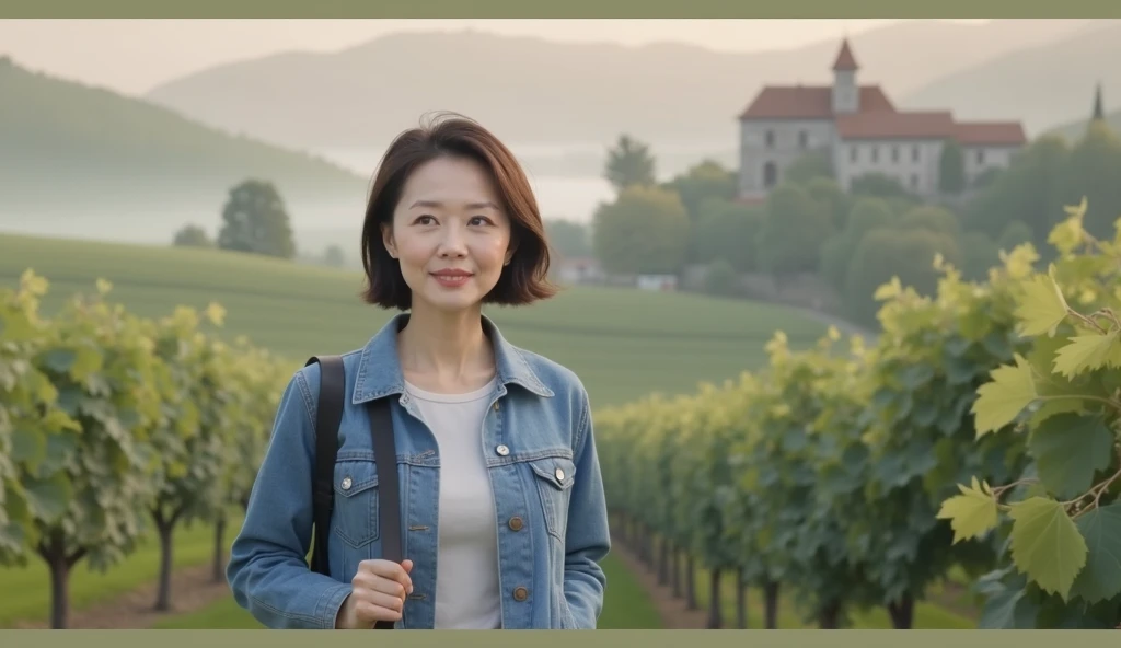 8k best picture quality, Beautiful 36-year-old Korean woman, Chest size 34 inches, northern italy countryside dawn, View of the cathedral next to the vineyards, The back background is realistic and vivid quality., Short hair, High-end luxury brand white shirt and cardigan, Wear casual pants, Smile slightly. the background is clear, It is spring, when grapes have not yet ripened. Standing on a hill on a curved path overlooking a vineyard covered in thick fog, Clear picture quality, Wear high-end luxury brand sunglasses, sunglasses with clear lines, Spring landscape without grapes, Well-groomed hair, Pretty and beautiful like a model, wearing a short cardigan. Well-groomed hair, Dress modestly