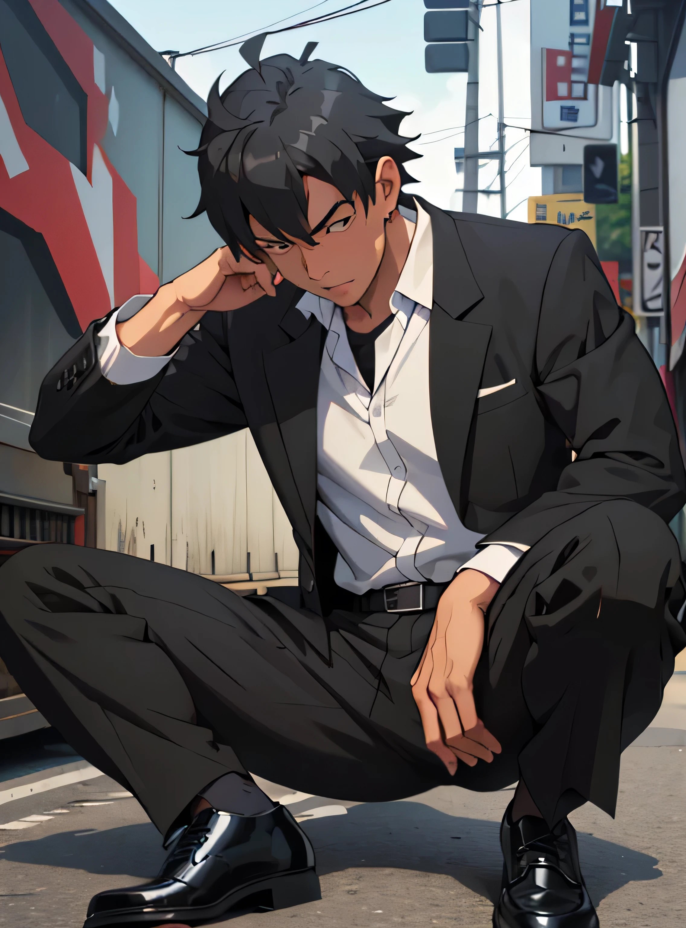 Age 30,father, Simple Black Single Suit ,  lying on the ground  ,Spread your legs wider,black belt,Black socks,Black leather shoes,logic, Gay , black hair, Shorthair, thick eyebrows,Stubble, Lightly Set Your Hair with Wax , Hachiman Hachiman,Masculine,salaryman,Mob characters,Bad Actor , The crotch part of the pants is bulging, Erotic 3D Finish , Open your mouth wide and scream,、Gunfight
