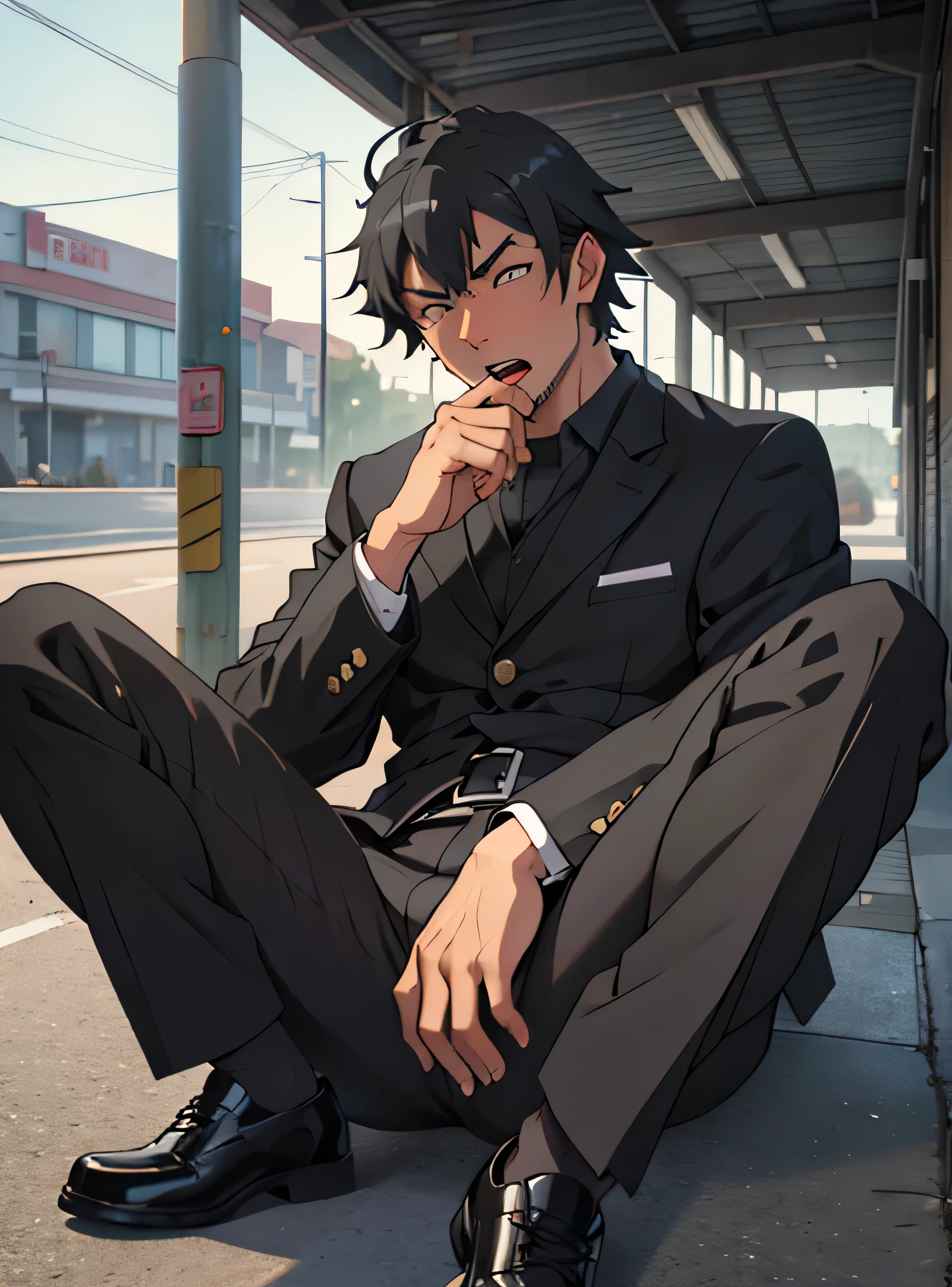 Age 30,father, Simple Black Single Suit ,  lying on the ground  ,Spread your legs wider,black belt,Black socks,Black leather shoes,logic, Gay , black hair, Shorthair, thick eyebrows,Stubble, Lightly Set Your Hair with Wax , Hachiman Hachiman,Masculine,salaryman,Mob characters,Bad Actor , The crotch part of the pants is bulging, Erotic 3D Finish , Open your mouth wide and scream,、Gunfight
