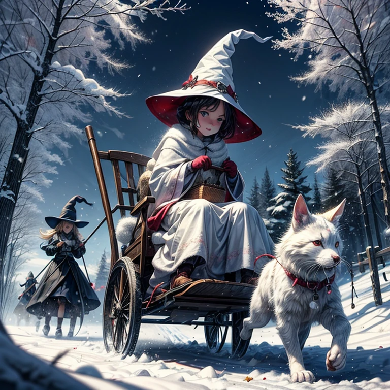 Snow-white snowflakes ,
 You're flying like fluffs . 
 The frost is getting stronger  , 
 Hide your hands as soon as possible . 
 The sled is going down the trail
Witches fly on a broomstick. 
 White is all around . 
 A lot of snow has come to us .