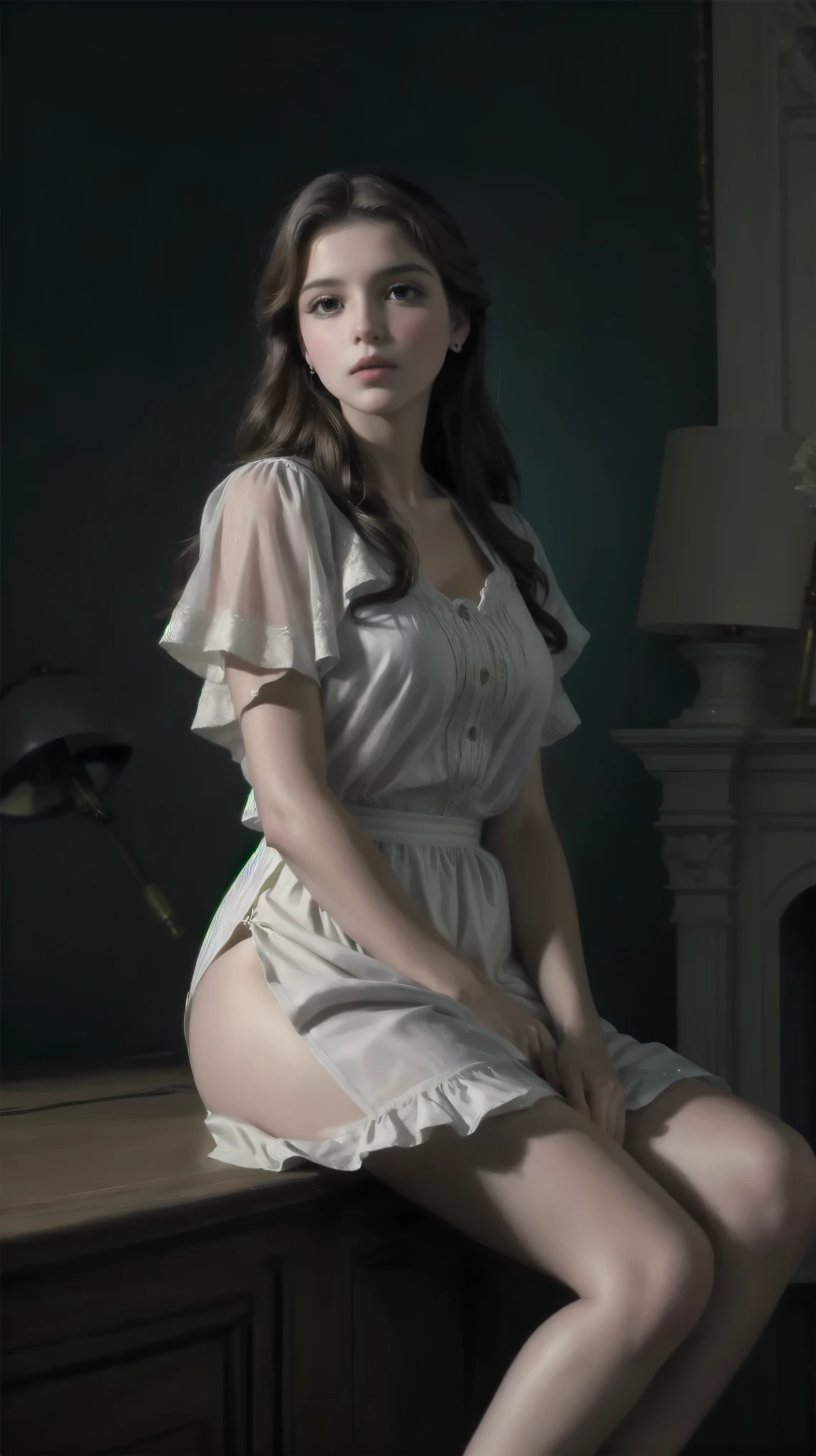 Retratística, filha, idade Média, Classicismo, Andrey Atroshenko'estilo s, pintura-como, mídia tradicional, realista, figurativo, belas artes, óleo sobre tela, Alta resolução, 8k, Personagem Original, Alta resolução, Alto detalhe, Concentre-se no rosto, demonstração, mãos bonitas, Levante a sua mão, Coloque as mãos sobre os joelhos, Coloque as mãos nos seus pés, coloque sua mão na coxa, coloque as mãos nas pernas, Coxas grossas, pernas longas, Jovem donzela, persephone ,  pose，one piece body lingerie, legs, a lot of dark jewelry：1 emma watson）， true masterpiece， best quality， RAW photography， realisticlying， cute face，(long flowing blond hair), Incredibly Ridiculous res， Beautiful beauty， ear studs， (Long silver hair，jewelry, litlle demon，(highheels)，depth of fields， A high resolution， ultra - detailed， filigree， RAWE is very detailed， very detailed eyes and faces， Sharp pupils， realistic pupil， tack sharp focus， cinematic lighting，full bodyesbian，Bigboobs，long legs，Look from the front，inside a dark gothic stone castle，dynamicposes, PERSEPHONE, PERSEPHONE, persefone, (SFW:1.5),  (full body:1.8), (upper body up:0.3), (hyper realistic:1.4), (realistic:1.3), (best quality real texture skin), Detailed eyes, detailed face,[long hair hair]:1.8), (full body:1.8), (upper body up:0.3), (hyper realistic:1.4), (realistic:1.3), (best quality real texture skin), Detailed eyes, detailed face, PERSEPHONE, persephone, (SFW:1.5) Hyperrealistic