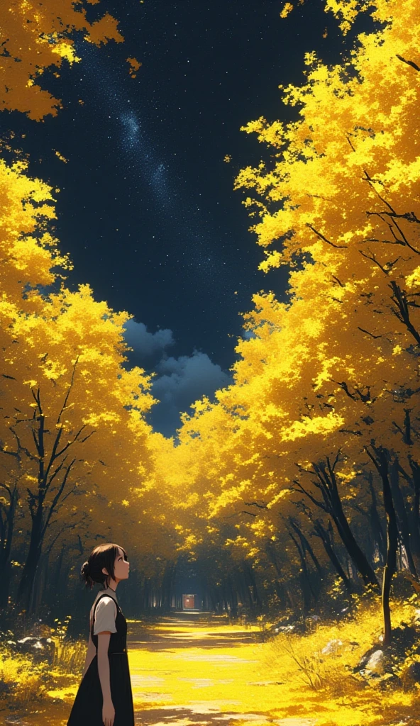 quality\(8k,非常に精細なCGユニットの wallpaper, masterpiece, high definition ,top-quality,top-quality real texture skin, surreal, increase resolution , RAW photo,最高quality, Very detailed, wallpaper\),break、Walking through a ginkgo forest、Long Hit、The target is small、Beautiful deep yellow forest、Fade out to black、 gradient 、break、 one girl who is at ease、 look up 、 side shot 、Beautiful profile、を look up 、The almost black blue sky、Stars and Clouds、A new angle、break、 overall dark、 cinematic lighting 、Very elaborate lighting、