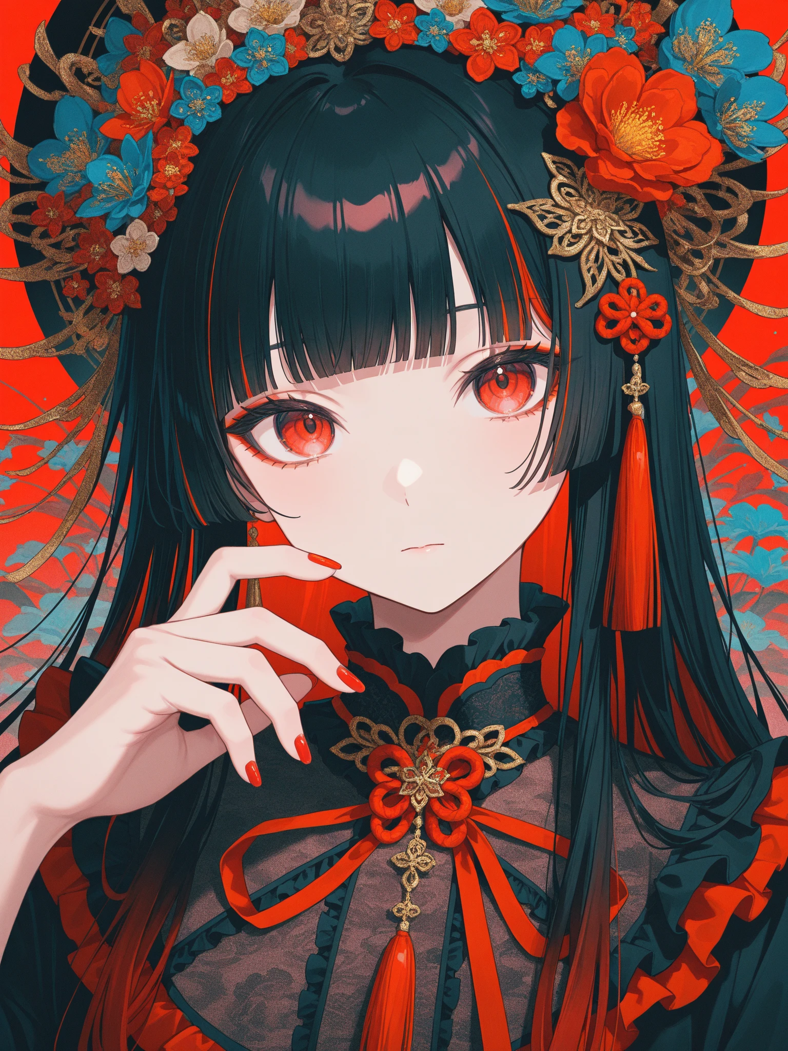 1girl, solo, red nails, looking at viewer, bangs, red eyes, long hair, nail polish, black hair, hair ornament, hand up, flower, blunt bangs, closed mouth, tassel, ribbon, colorful, red background, frills, multicolored hair, fingernails                                                                                                                                
 ,masterpiece,best quality,newest,
