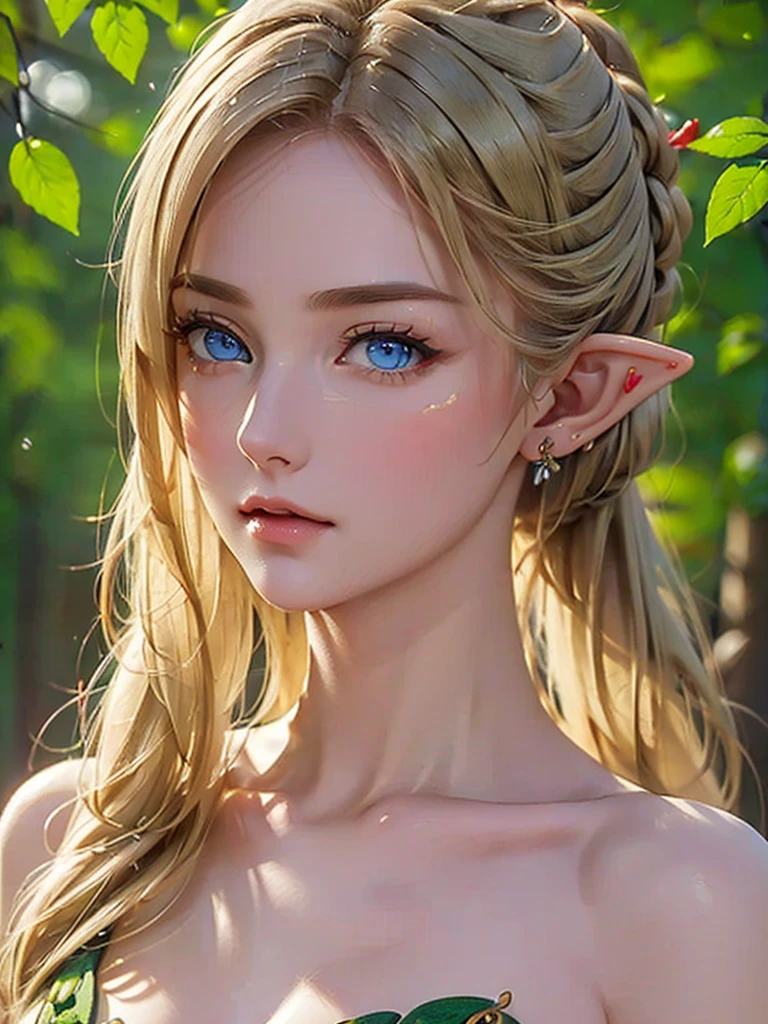 ((​masterpiece、top-quality、Ultra-detailed、 high definition 、 clear focus、 illumination ))、Portrait of a beautiful female elf in the upper body 、 bust shot 、 Focus on her chest 、Intricately detailed environment 、Classy person、((The top is designed in green and brown to be lightweight and easy to move around with embroidery and decoration imitating leaves、 Elves living in the forest ))、 Mysterious Atmosphere 、Detailed background depiction、Deep sense of depth、Tall、 well-balanced body 、 blonde ponytail 、Captivating blue eyes、Sharp Eye、 hyper-detailed face 、fine ears 、 detailed eyes on board、Detailed hand drawing、 Dynamic Actions 、 viewers to watch