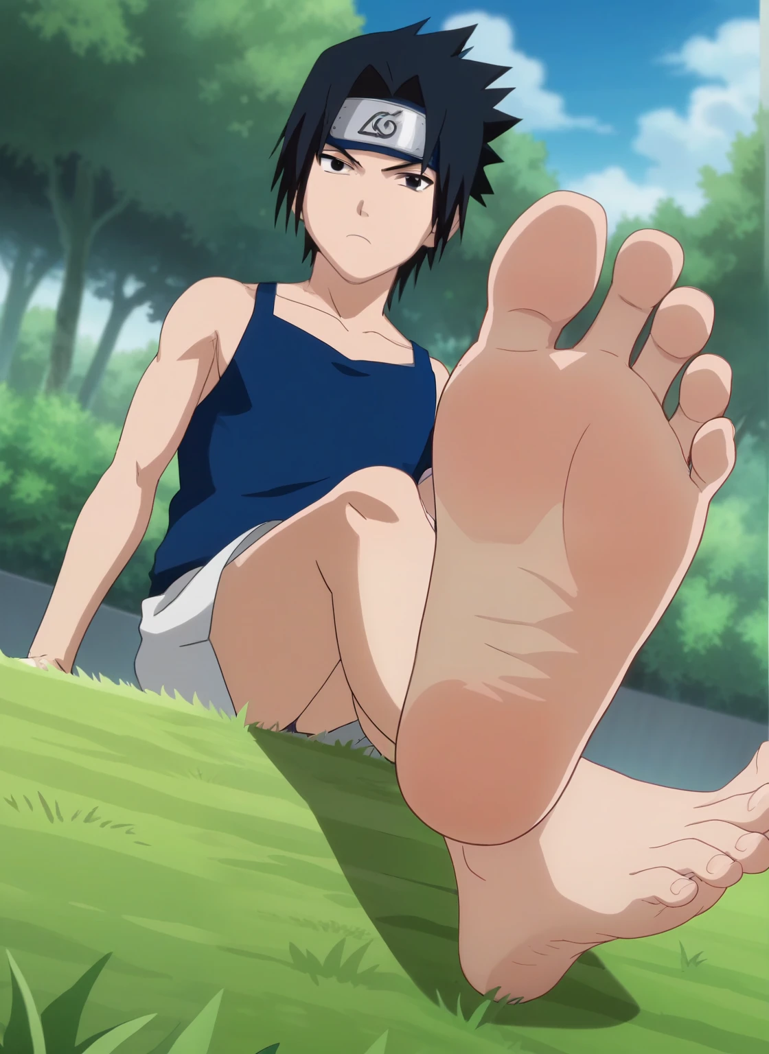 score_9, score_8_up, source_anime,
1boy, Sasuke Uchiha, black hair, short spiky hair, dark eyes, , alone, looking at viewer, serious expression, standing, cowboy shot, ANIME SCREENCAP, blue camisole, white skirt, anime coloring, in a garden, barefoot, perfect feet, anatomically correct, soles, low angle, focal length 35mm, each foot has five toes, front, symmetrical soles, foot focus, sitting on the grass,, crossed legs