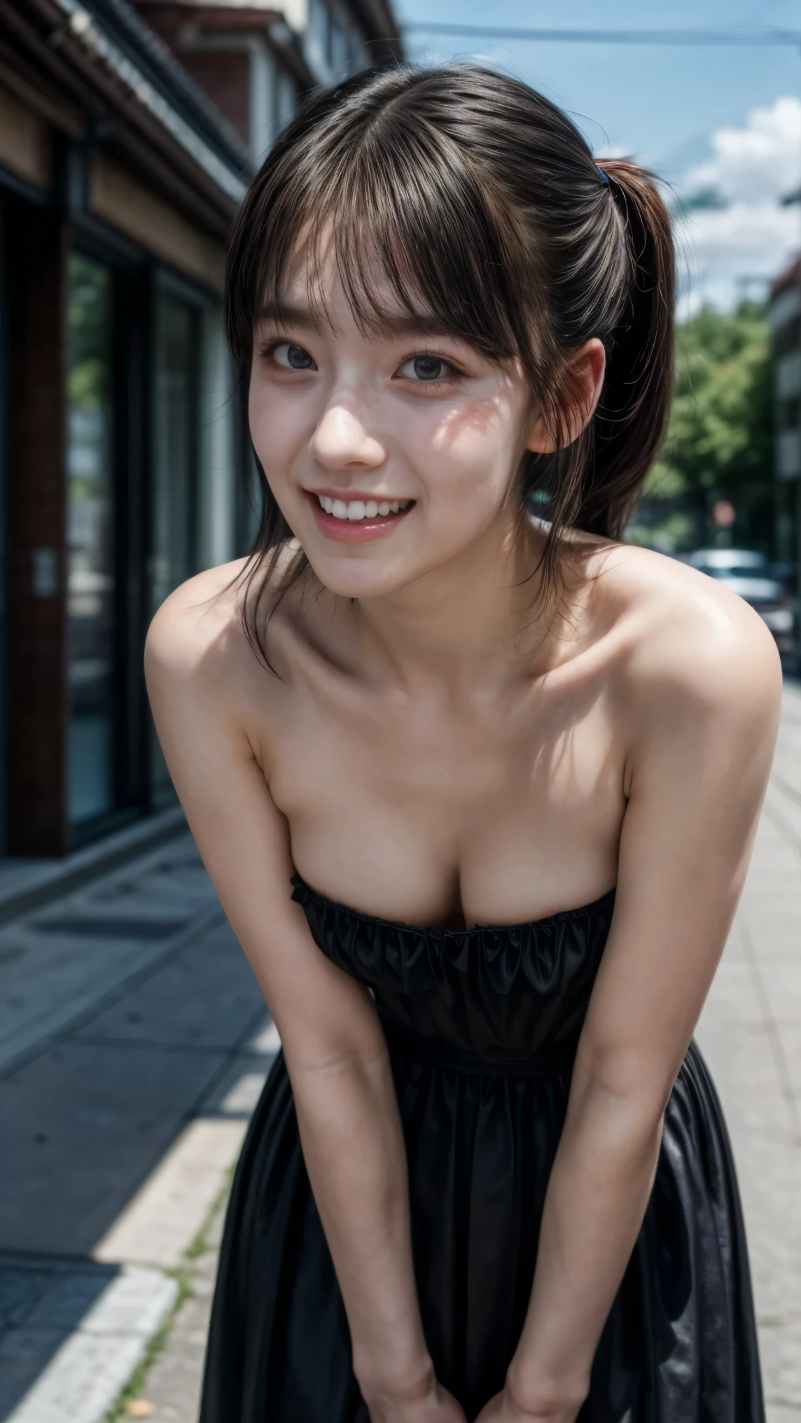 (realistic, photo-realistic:1.37), (masterpiece, best quality), high resolution, intricate details, extremely detailed, cinematic lighting, gravure photography, portrait, a Japanese young woman, super beautiful girl, (strapless dress, sleeveless:1.2), (face focus, standing leaning forward, forward bending:1.5), (small breasts:1.3), dark hair, ((low-position twintails hair)), pale skin, (detailed face, detailed eyes, symmetrical eyes, beautiful dark brown pupils, sophisticated nose, big smile), open mouth, 
photo background, outdoors, urban scape, daytime, sunny, blue sky and clouds,