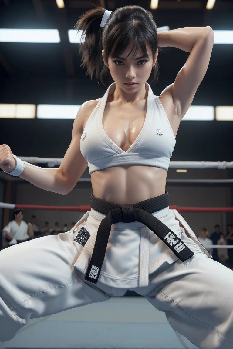 (I can see a sporty bra)、(((sexy Karate Singlet, black belt)))、Female karateka with bangs and ponytail、Visible navel and lower chest、shiny skin、((shy face))、((Turn your face away))、((look sideways))、((face is flushed))、(Watery eye)、cry、(((Karate Dojo)))、((delicate pictures))，(Masterpiece detailed RAW photos:1.25), (highest quality:1.6), (Super high resolution:1.5), (realistic:1.75), 8K resolution, Canon EOS R5, 50mm, absurd, super detailed,cinematic lighting、((Sporty panties are visible))、(((The pants are taken off)))、