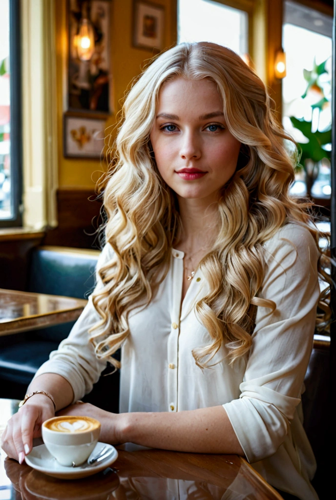 "schoolgirl with voluminous blonde hair and captivating features"