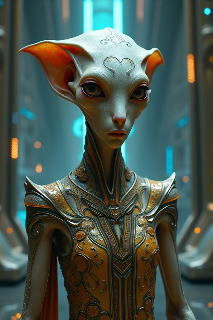 32k hires best quality professional photograph,there is a silver alien holding a tablet with a gold border, and a apple, grey alien, extraterrestrial, alien design, galactic dmt entity, high detailed official artwork, reptilian space alien, enlightenment tripping on dmt, inspired by Ravi Zupa, enlightened, official illustration, black light velvet poster, gray alien, grey aliens, added detail, official artwork wet body, wet face , dark light, copper and obsidian black elements, filigree gold, intricate Abstract Technology, velvety cosmos peppered with distant,Gustav Klimt fractal filigree gold and silver, soft golden and silver shimmer reflection rainy glass bubble water or elastic glass-like material, Mysterious ,more saturation Negative Prompt
