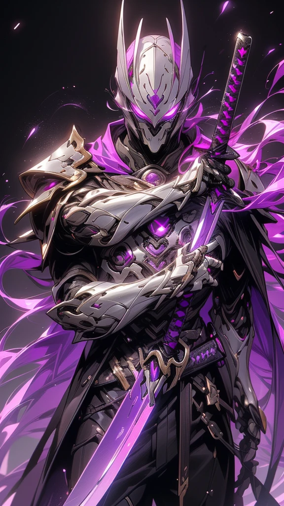  surrenders, hyper realistic,  super detailed, ( cyber samurai with purple sword ,  1 boy , ((Alone)), (Has a purple sword ) , (alert posture) ,  wears fuchsia armor and a mask, Cape, Shineing beautiful purple eyes, Shine:1.3) (Shineing simple black background:1.25),