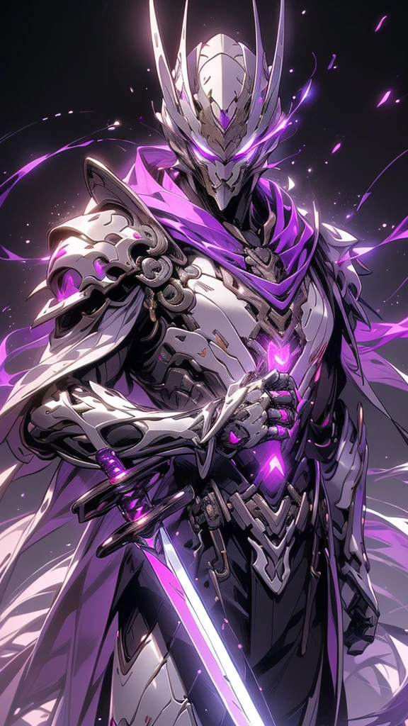  surrenders, hyper realistic,  super detailed, ( cyber samurai with purple sword ,  1 boy , ((Alone)), (Has a purple sword ) , (alert posture) ,  wearing fuchsia armor and mask, Cape, Shineing beautiful purple eyes, Shine:1.3) (Shineing simple black background:1.25),