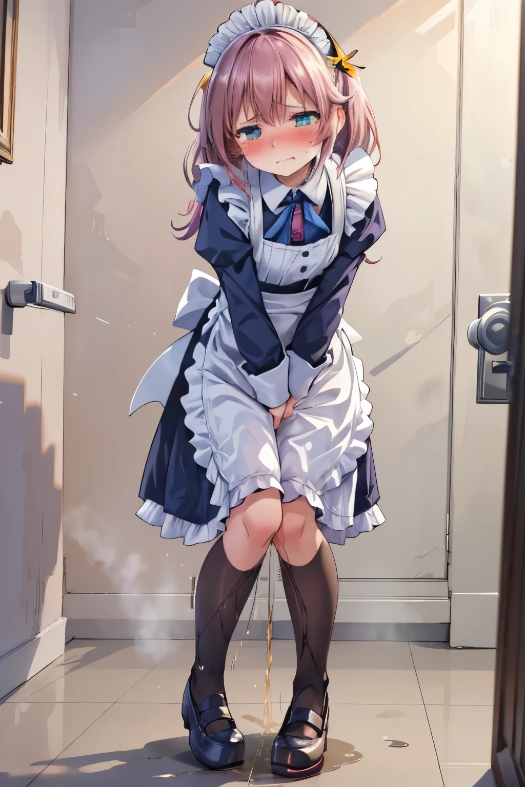 (8K, ultra-detailed, best quality, anatomically perfect body:2), (middle breast:1.2), shiny skin, (1 girl), (have to pee), (urge to pee), (very desperate to pee), (girl rushing to the restroom in a hurry:1.8), (Standing on tiptoe:1.4), (fidget:2), (transparent peeing, wetting self:0.1), (peetransparent puddles), (Victorian maid:1.3), (mary Jane shoes:1.3), (Untidy hair:1.4), (leaning backward:1.3), (shrugs:1.6), (orgasm:1.1), (full face blush:1.7), (embarrassment:1.6), (impatience:1.7), (flustered:1.5), (flowing sweat:0.7), (twist whole body:1.6), (panting), breathless, (Humiliation), (Erotic feelings), (closed eyes:0.9), (looking down), (tear:1.4), (head tilt:1.2), (wavy mouth:0.4), from below, (SIGMA 105 mm F/2.8, 1/100 sec shutter, award-winning), nsfw,