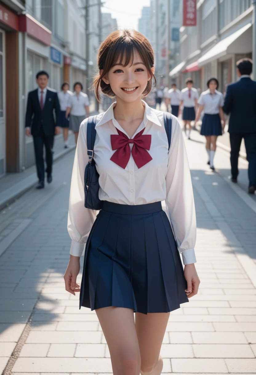 Japanese school girl walking down the main street, school uniform, white blouse, ribbon at the chest, brown hair, smile,