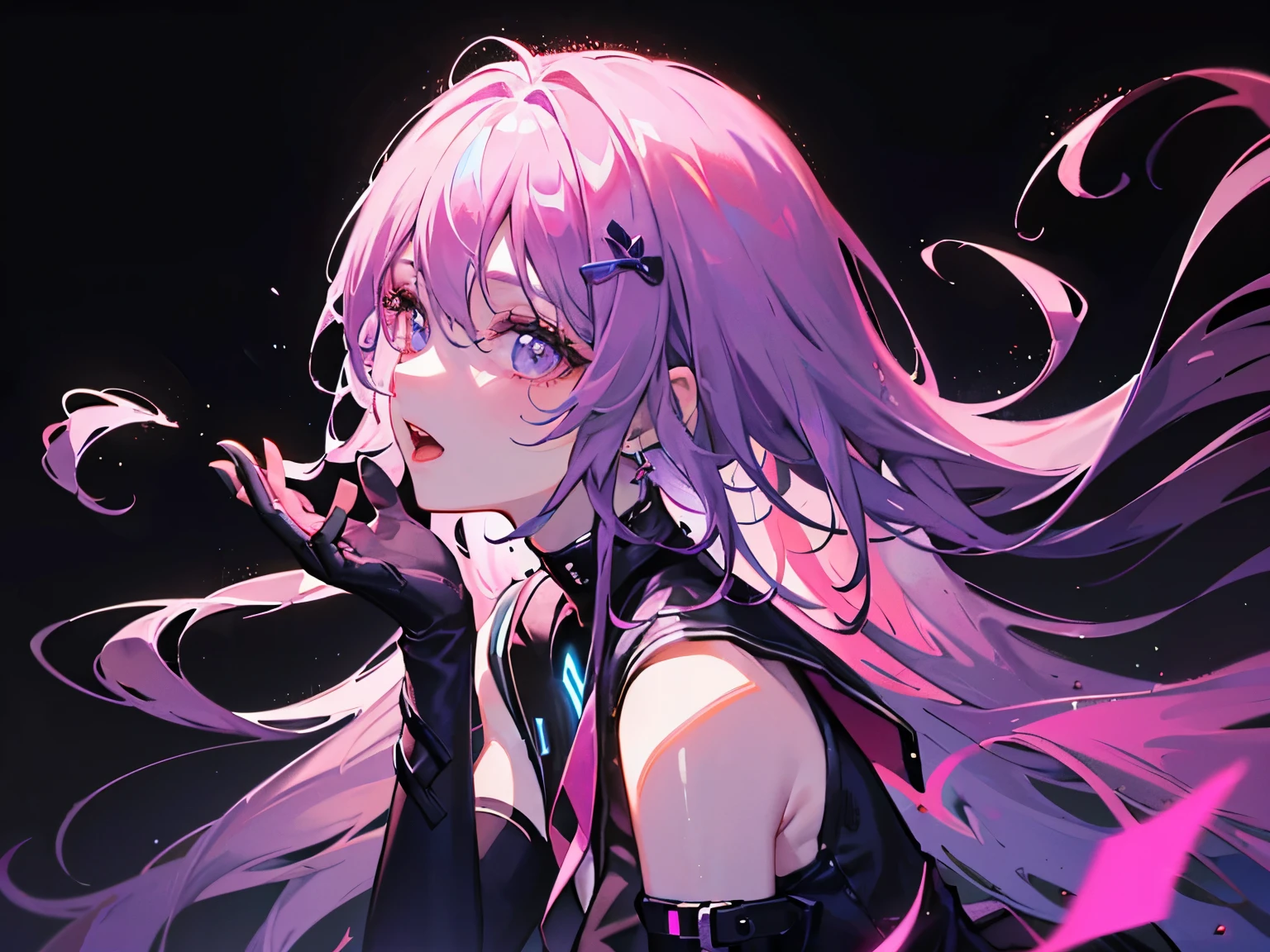 (best quality), ultra res, highly detailed, turned at viewer, anime style, (face shoot), medium length hair, white hair with lilac at the ends, black gothic dress, goth dress, (looking at viewer), heart symbol on her right side of face, dark makeup, wearing a necklace with a big pink heart pendant, straight hair.