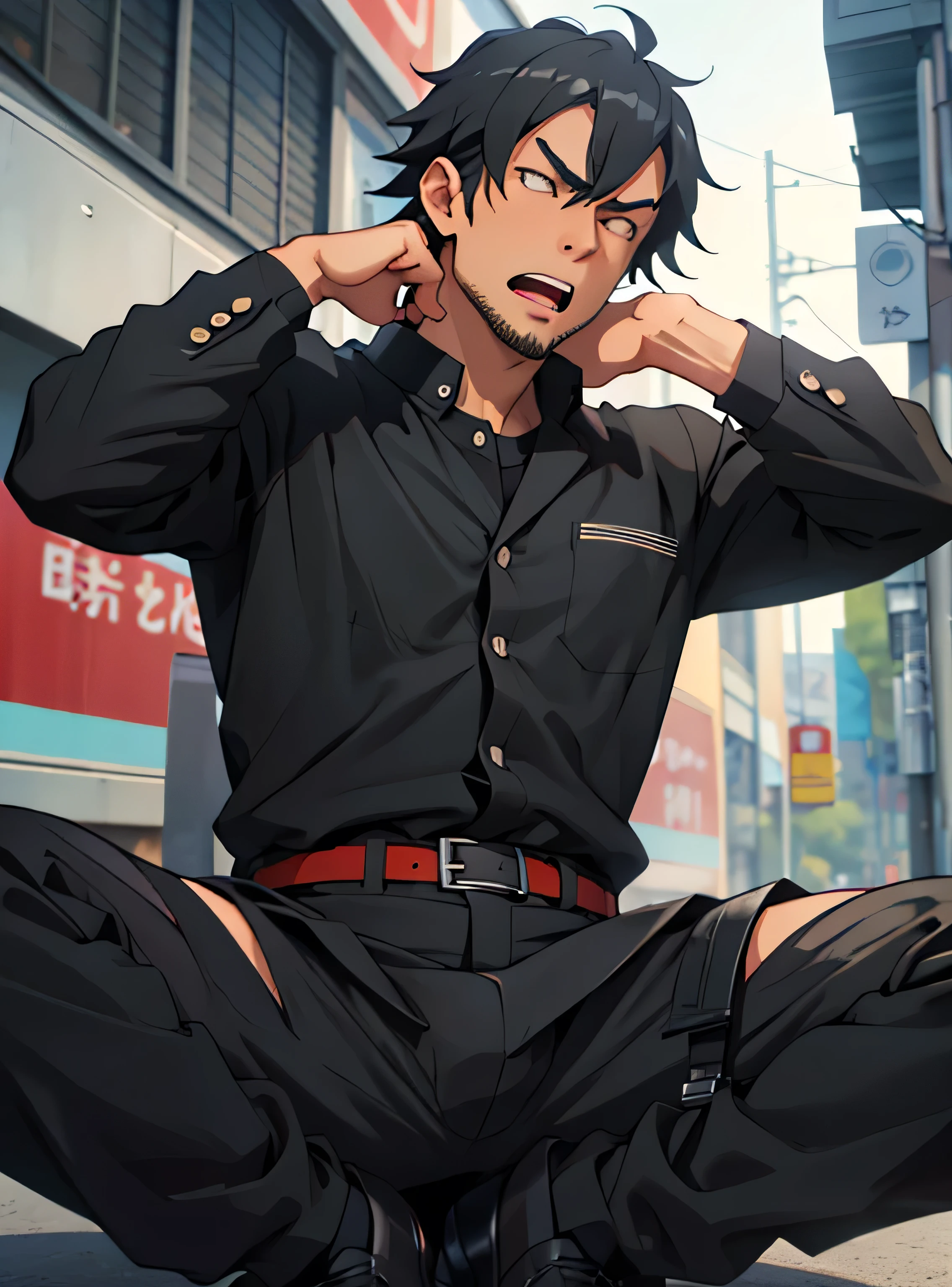 Age 30,father, Simple Black Single Suit ,  lying on the ground  ,Spread your legs wider,black belt,Black socks,Black leather shoes,logic, Gay , black hair, Shorthair, thick eyebrows,Stubble, Lightly Set Your Hair with Wax , Hachiman Hachiman,Masculine,salaryman,Mob characters,Bad Actor , The crotch part of the pants is bulging, Erotic 3D Finish , Open your mouth wide and scream,、Gunfight
