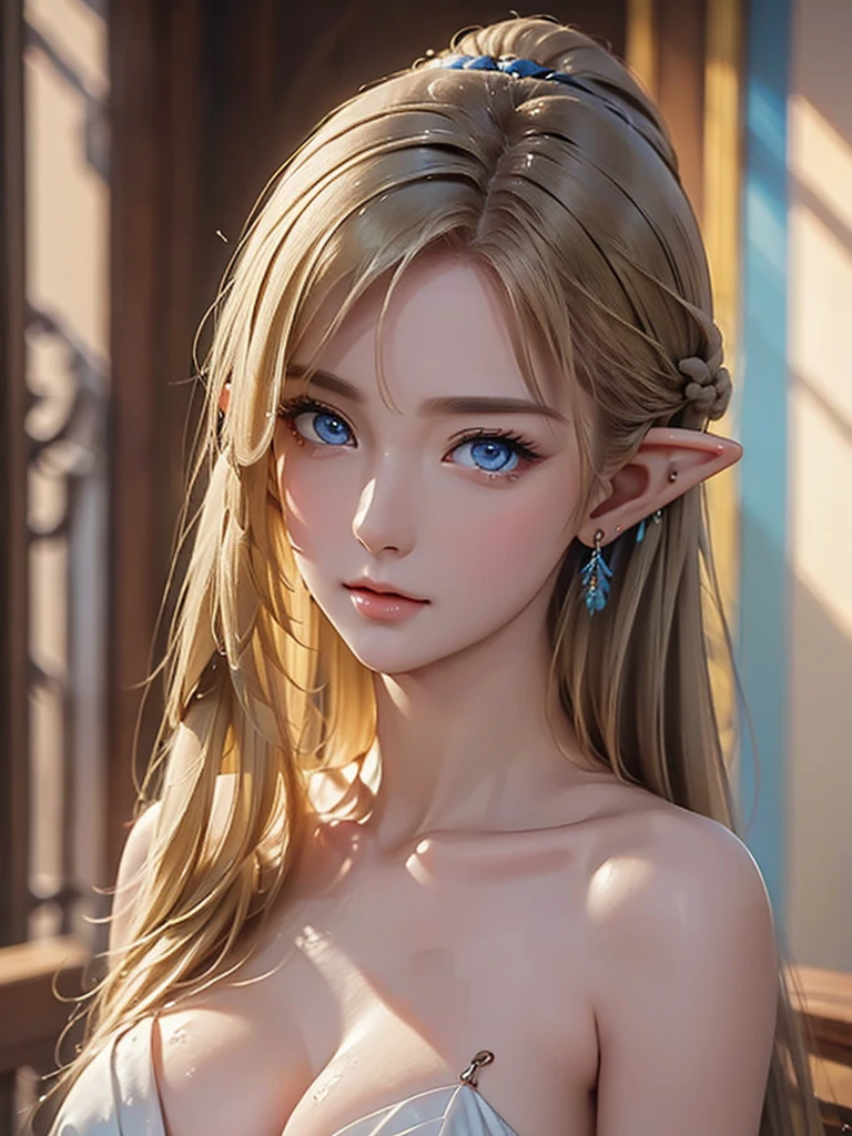 ((​masterpiece、top-quality、Ultra-detailed、 high definition 、 clear focus、 illumination ))、Portrait of a beautiful female elf in the upper body 、 bust shot 、 Focus on her chest 、Intricately detailed environment 、Classy person、((Bathing elves))、 Mysterious Atmosphere 、Detailed background depiction、Deep sense of depth、Tall、 well-balanced body 、 blonde ponytail 、Captivating blue eyes、Sharp Eye、 hyper-detailed face 、fine ears 、 detailed eyes on board、Detailed hand drawing、 Dynamic Actions 、 viewers to watch