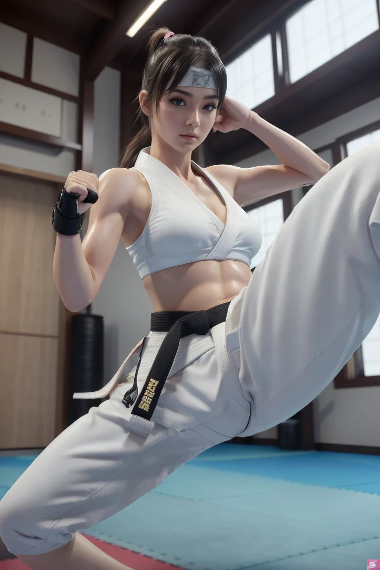 (I can see a sporty bra)、(((sexy Karate Singlet, black belt)))、Female karateka with bangs and ponytail、extremely beautiful face, Visible navel and lower chest、shiny skin、((shy face))、((Turn your face away))、((look sideways))、((face is flushed))、(Watery eye)、cry、(((Karate Dojo)))、((delicate pictures))，(Masterpiece detailed RAW photos:1.25), (highest quality:1.6), (Super high resolution:1.5), (realistic:1.75), 8K resolution, Canon EOS R5, 50mm, absurd, super detailed,cinematic lighting、((Sporty panties are visible))、(((The pants are taken off)))、