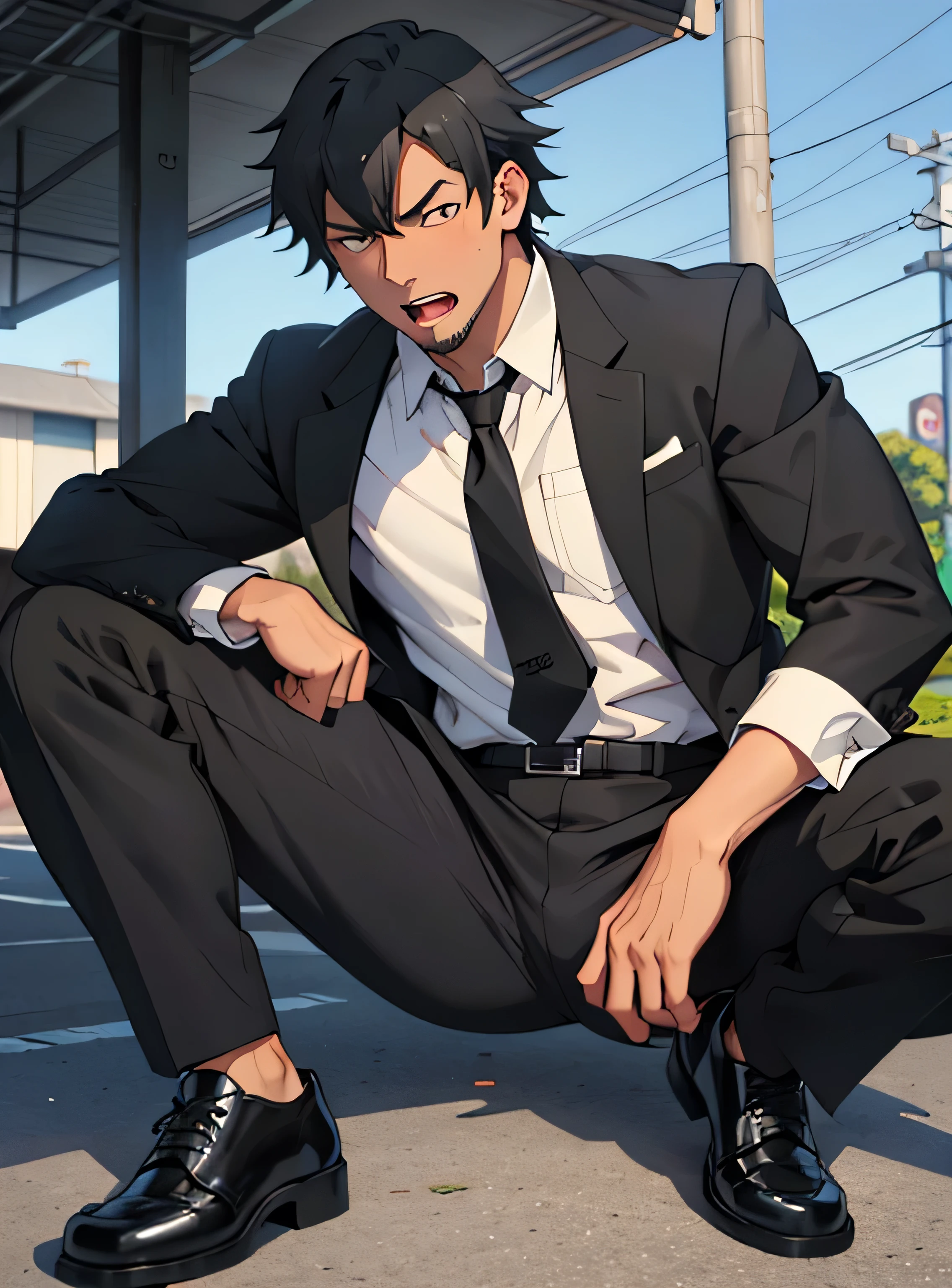 Age 30,father, Simple Black Single Suit ,  lying on the ground  ,Spread your legs wider,black belt,Black socks,Black leather shoes,logic, Gay , black hair, Shorthair, thick eyebrows,Stubble, Lightly Set Your Hair with Wax , Hachiman Hachiman,Masculine,salaryman,Mob characters,Bad Actor , The crotch part of the pants is bulging, Erotic 3D Finish , Open your mouth wide and scream,、Gunfight
