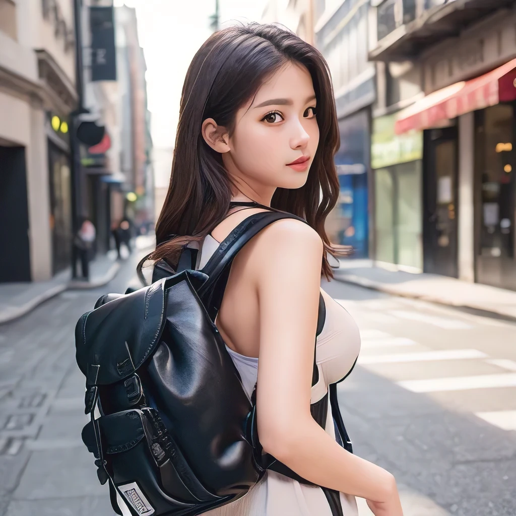 (8k, RAW photos, best quality, high resolution: 1.1), (ultra-realistic: 1.4), (realistic, photorealistic: 1.3), soft light, big girl, realistic face, realistic body, realistic skin, ponytail, absurdity, masterpiece, (cute: 1.8), cuties, solo, (large: 1.2), detailed black eyes, innocent eyes, cheeks, (one piece: 1.2), Cinema Light, Film Grain, (((Rucksack: 1.1)), Cherry Colored Lips, Close-up, Look Viewer, Upper Body, Open Lips, Upper Teeth, (Smiling Eyes: 0.6), ((grinning: 1.2)), Depth of Field, Blurred Background, Eye Focus, Bokeh, Midnight, Shinjuku, Neon Sign, Cyberpunk, Rain, 85mm Lens, f/1.4, Professional Lighting, Young, Portrait, photon mapping, radiosity, physically based rendering