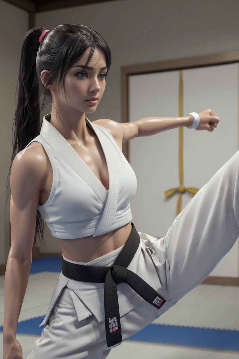 (I can see a sporty bra)、(((sexy Karate Singlet, black belt)))、Female karateka with bangs and ponytail、extremely beautiful face, Visible navel and lower chest、shiny skin、((shy face))、((Turn your face away))、((look sideways))、((face is flushed))、(Watery eye)、cry、(((Karate Dojo)))、((delicate pictures))，(Masterpiece detailed RAW photos:1.25), (highest quality:1.6), (Super high resolution:1.5), (realistic:1.75), 8K resolution, Canon EOS R5, 50mm, absurd, super detailed,cinematic lighting、((Sporty panties are visible))、(((The pants are taken off)))、fight standing, 