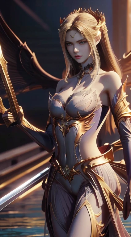 ((high quality)), ((masterpiece)), 8k, Standing on the surface of the sea,Has a pair of big golden wings,protrait photo,Holding a long sword in his hand,huge breasts,Larger breasts,Hollow clothes,transparent clothes,More transparency,amazing breast size,Raised nipples,bareness的乳房,Extensive nudity,More nudity,bareness