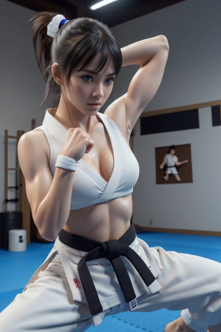 (I can see a sporty bra)、(((sexy Karate Singlet, black belt)))、Female karateka with bangs and ponytail、Visible navel and lower chest、shiny skin、((shy face))、((Turn your face away))、((look sideways))、((face is flushed))、(Watery eye)、cry、(((Karate Dojo)))、((delicate pictures))，(Masterpiece detailed RAW photos:1.25), (highest quality:1.6), (Super high resolution:1.5), (realistic:1.75), 8K resolution, Canon EOS R5, 50mm, absurd, super detailed,cinematic lighting、((Sporty panties are visible))、(((The pants are taken off)))、