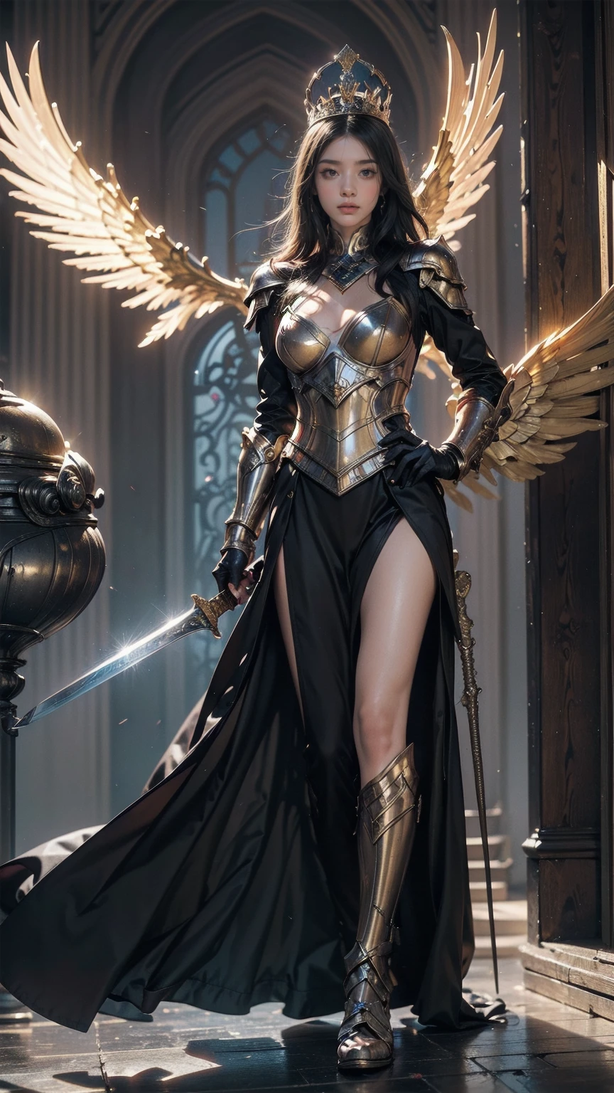  watching the audience、,(whole body,  I can see your feet and shoes : 1.2),. Watch Viewers、Holding a cigarette、Mysterious fantasy concept art, girl in black and Gold Armor, Gold Tiara, Gold Armor, Has a golden sword, Low Wing, Wings on Head, Multiple Wings, feathered helmet , Shining Sword, Shining Rune, Conceit, Sparkling Eyes, Pictures of attractive Japanese women with good eyes ,  pupils constrict, glowing Pictures of attractive Japanese women with good eyes , tsurime, I opened my lips,  Magic Rim, glory, glory light, glory light \(arms\), illumination, Swirling lights are shining, gem, blue gemstone, with a dynamic and Magical background,  looking down, masterpiece,  best quality, grow up, Celestial Bodies, Mysterious,  picturesque, wonderful, Majestic, Magical,  fantasy art, Cover art, Dreamy, Multilayer Texture,  high definition ,  High Dynamic Range,  maximum clarity and sharpness, Multilayer Texture,