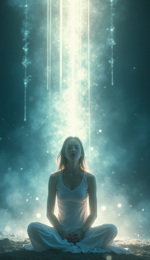A person with a serene and connected expression, abstract image of light.
