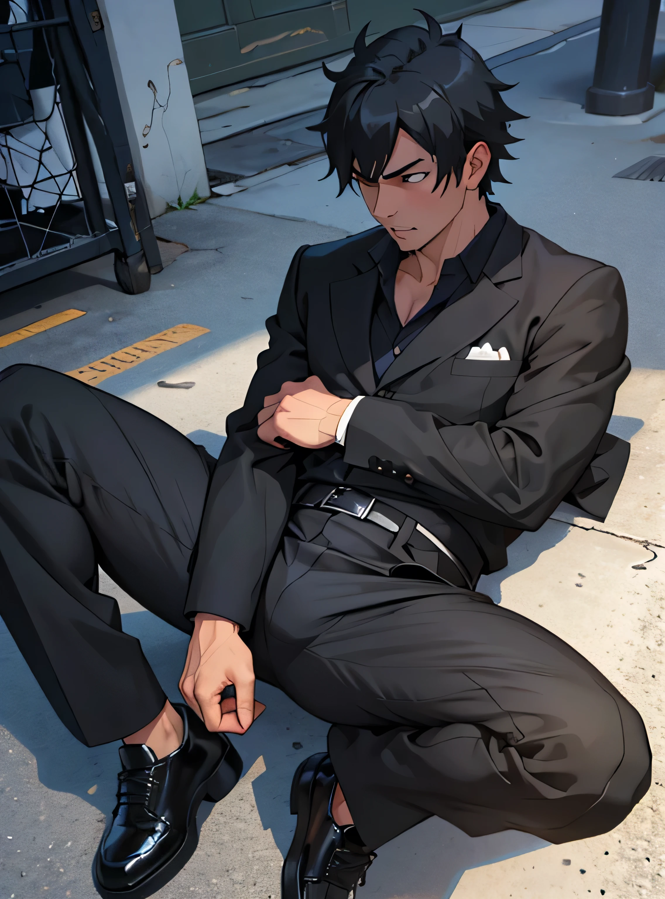 Age 30,father, Simple Black Single Suit ,  lying on the ground  ,Spread your legs wider,black belt,Black socks,Black leather shoes,logic, Gay , black hair, Shorthair, thick eyebrows,Stubble, Lightly Set Your Hair with Wax , Hachiman Hachiman,Masculine,salaryman,Mob characters,Bad Actor , The crotch part of the pants is bulging, Erotic 3D Finish , Open your mouth wide and scream,、Gunfight
