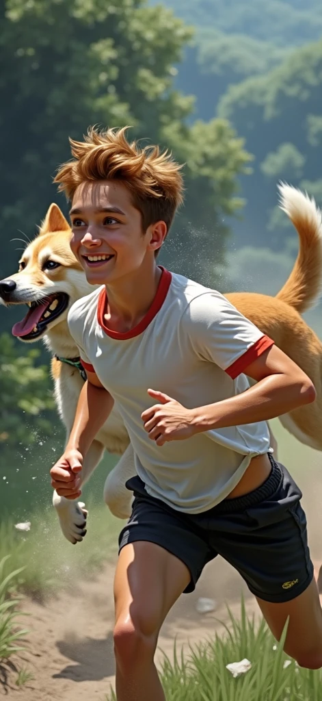 "Generate a high-quality image in a cinematic style depicting a child running joyfully with their dog. Ensure advanced details in capturing the child's movement, the fur texture of the dog, and the surrounding environment. Emphasize realistic lighting, shadows, and textures to create a visually compelling and immersive composition. Convey the sense of pure joy and the bond between the child and the dog, making it a heartwarming and memorable cinematic scene."