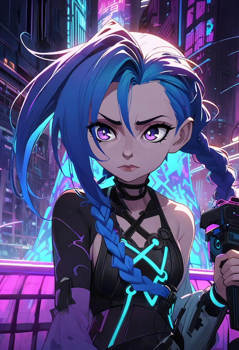 A dynamic image of an adult female character inspired by Jinx from Arcane, reimagined in the style of Disney animation, set in a futuristic neon-lit city. She has long, vibrant blue hair styled into a single thick braid that falls over her shoulder, with loose, flowing strands framing her soft, rounded face. Her large, expressive eyes, with long lashes, radiate a serious and focused determination, while subtle dark circles add depth to her character. Her features are stylized and smooth, with a small nose, soft cheekbones, and delicate lips. She is mid-action, gracefully leaping between skyscrapers, holding a sleek, glowing futuristic pistol. Her punk-inspired outfit is simplified and polished in the Disney style, with bright pink and blue highlights against a dark base. The neon-lit cityscape behind her features towering skyscrapers, holographic advertisements, and vibrant lights in shades of purple, blue, and pink, all reflecting off the rain-soaked streets below, enhancing the magical yet intense atmosphere.