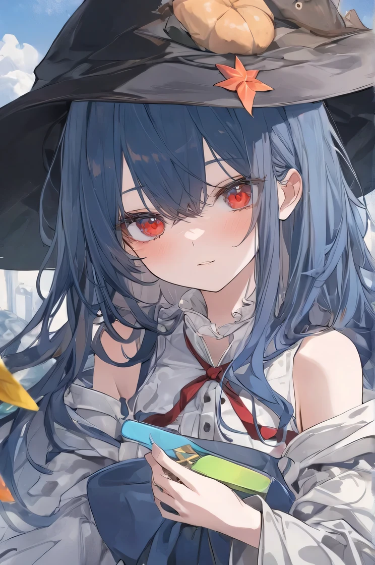   Top quality  ，  Best Quality，  Official Art  ，cool, beautiful, And pick   ， Very Detailed （Fractional art 1 .2），most detailed，  a girl ，  expressionless faces  ， Dark blue long hair   ，Wearing a wizard hat ，  dark red eyes  ，  attractive expressions ,   partially drawn out of the background box,   Very Detailed  ,   high detail  , 